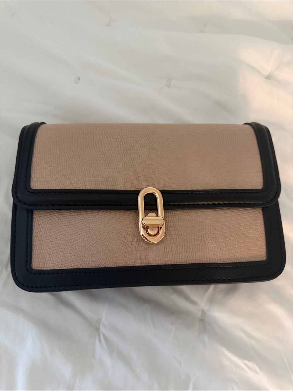 Two-Tone Beige and Black Crossbody with Gold Clasp